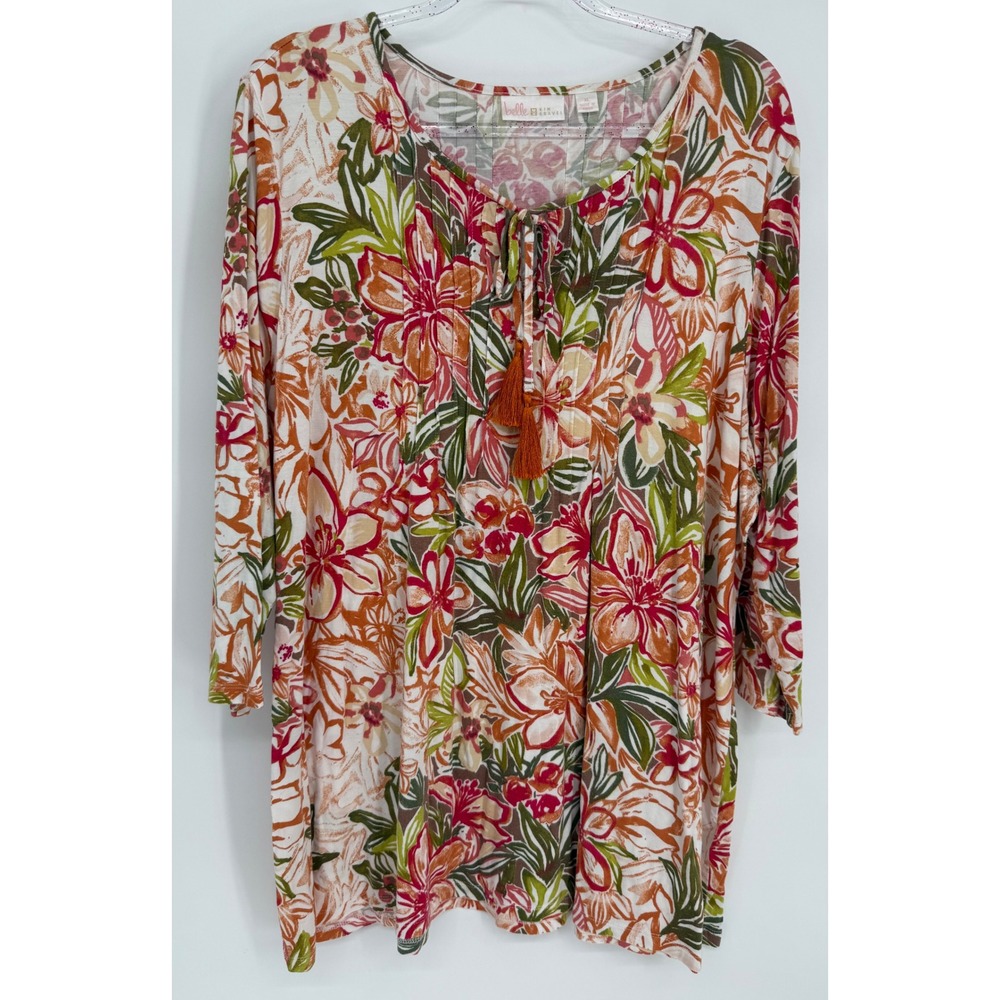 Belle by Kim Gravel Womens Floral Tunic Top 3/4 Sleeve Tassel Split Neck Sz XL